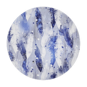 Falling feathers: watercolor blue pattern. cutting board