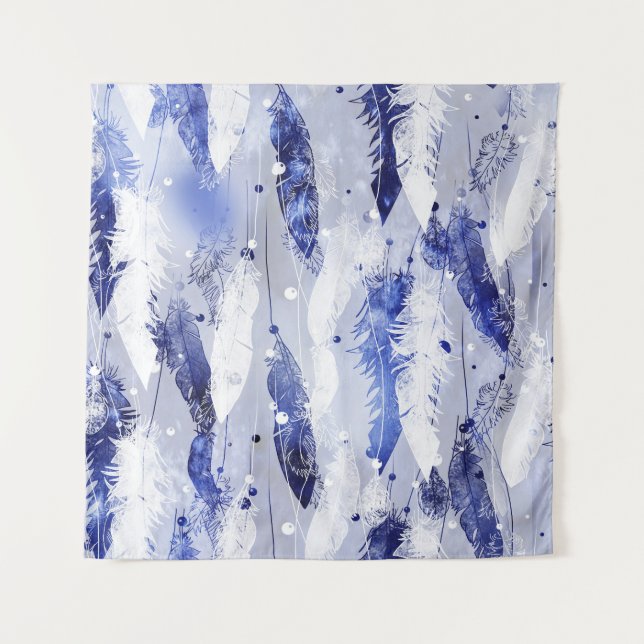 Falling feathers: watercolor blue pattern. tapestry (Front)