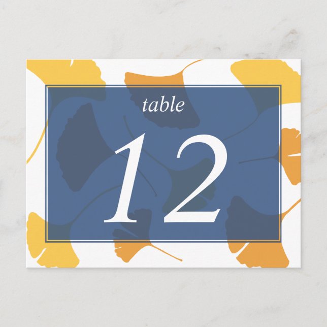 Falling ginkgo leaves blue table number card (Front)