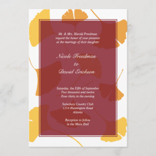 Falling ginkgo leaves maroon golden autumn wedding invitation