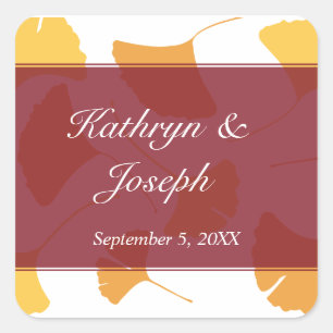 Falling ginkgo leaves maroon wedding favour square sticker