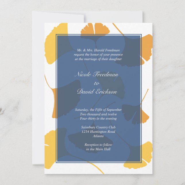 Falling ginkgo leaves navy golden autumn wedding invitation (Front)