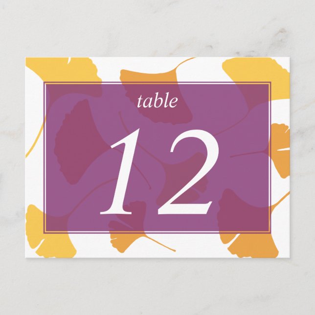 Falling ginkgo leaves purple table number card (Front)