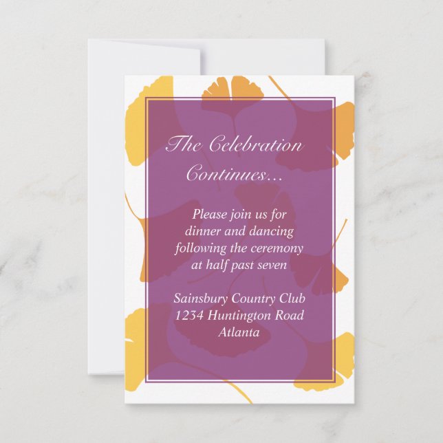 Falling ginkgo leaves purple wedding enclosure invitation (Front)