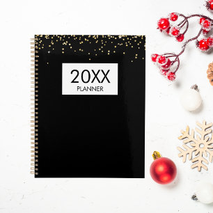 Falling Gold Glitter Personalized Black Yearly Planner
