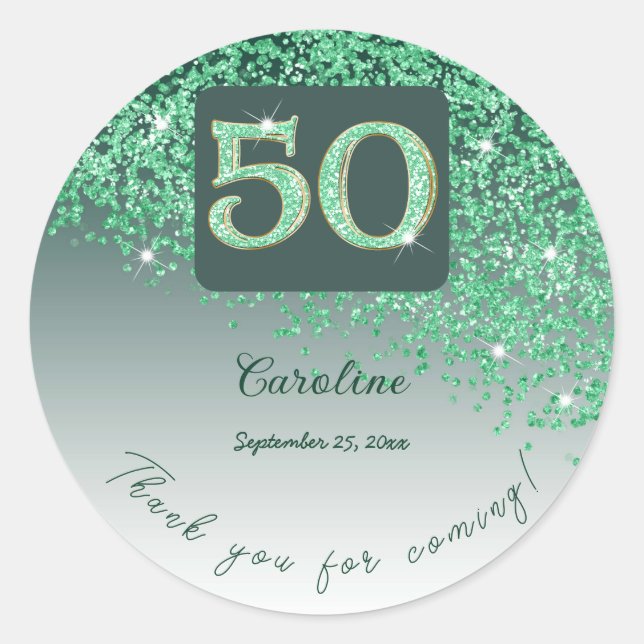 Falling Green Glitter, 50th Birthday Thanks Classic Round Sticker (Front)