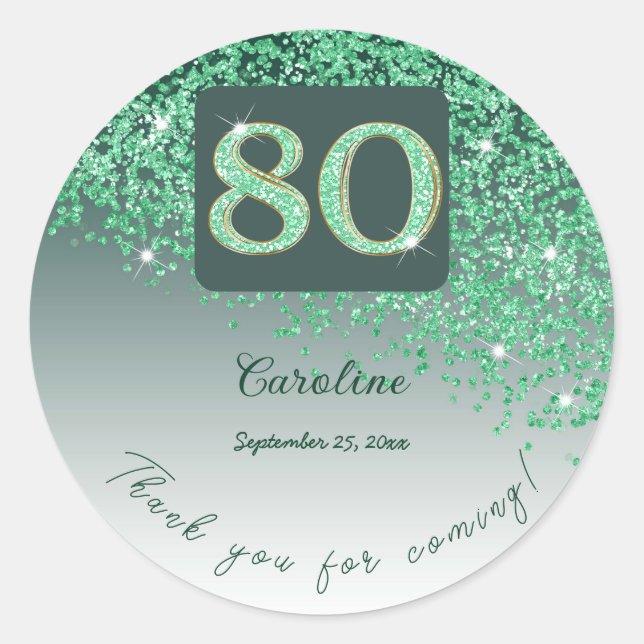 Falling Green Glitter, 80th Birthday Thanks Classic Round Sticker (Front)