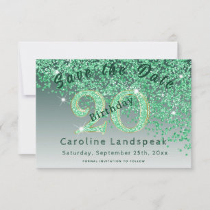 Falling Green Glitter for 20th Birthday Save The Date