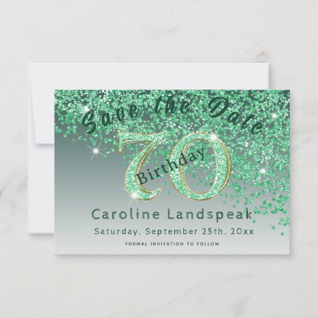 Falling Green Glitter for 70th Birthday Save The Date (Front)