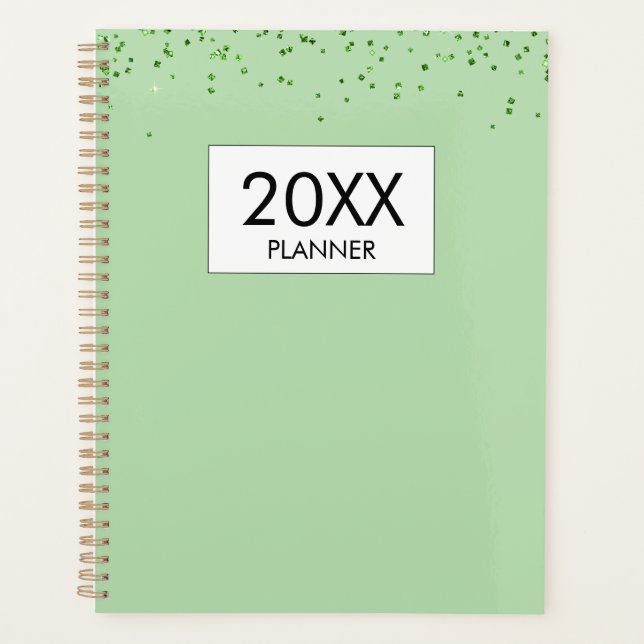Falling Green Glitter Personalized Yearly Planner (Front)
