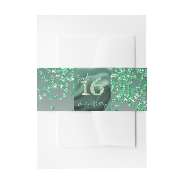 Falling Green Glitter Sweet 16, Green Foil Invitation Belly Band (Front Example)