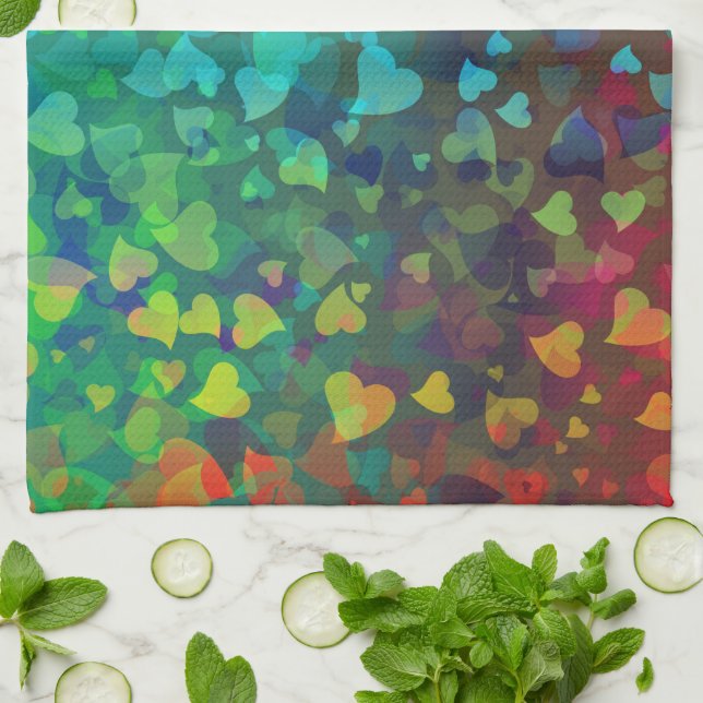 Falling Hearts Red and Green Kitchen Towel (Folded)