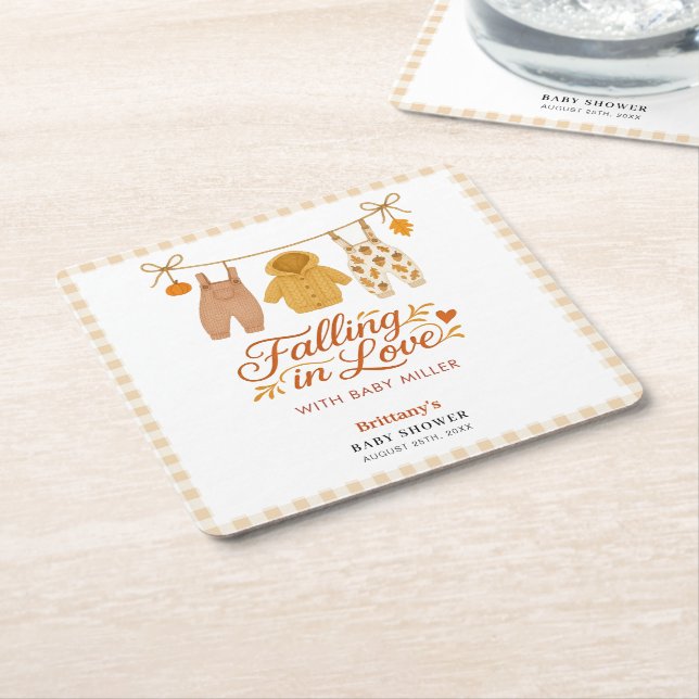 Falling in Love Autumn Baby Shower Square Paper Coaster (Angled)