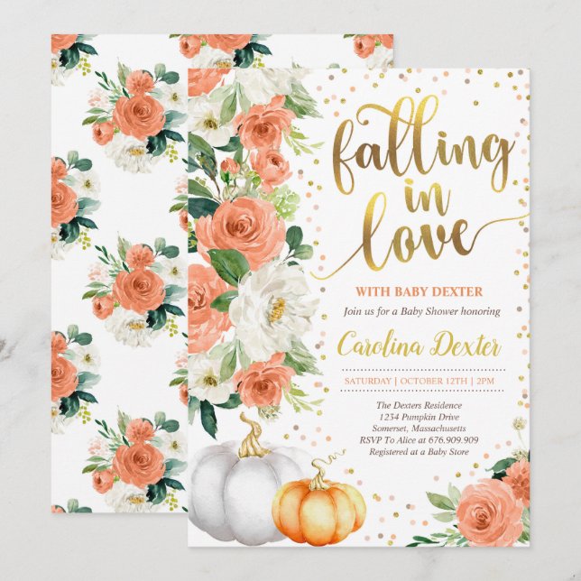 Falling In Love Baby Shower Invitation Orange Gold (Front/Back)