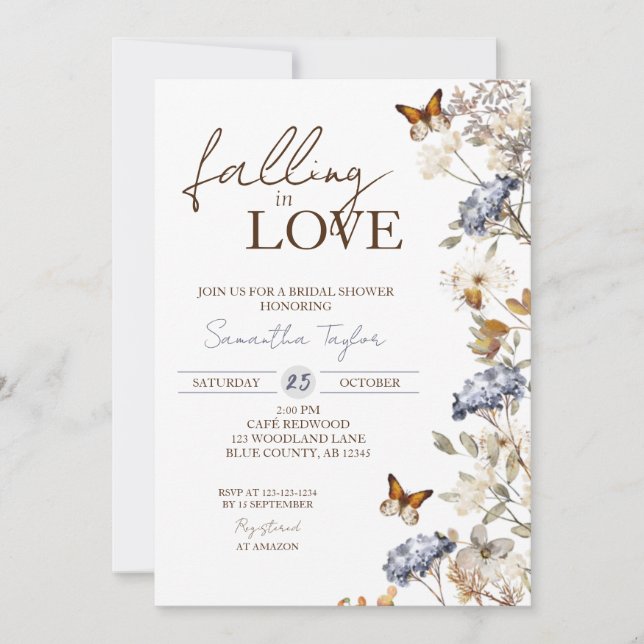 Falling in Love Bridal Shower, Floral Butterfly Invitation (Front)