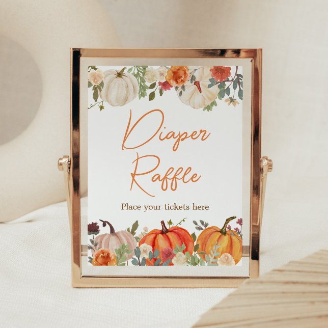 Falling In Love Floral Pumpkin Diaper Raffle Poster (Fall Floral Pumpkin Baby Shower Diaper Raffle Sign)