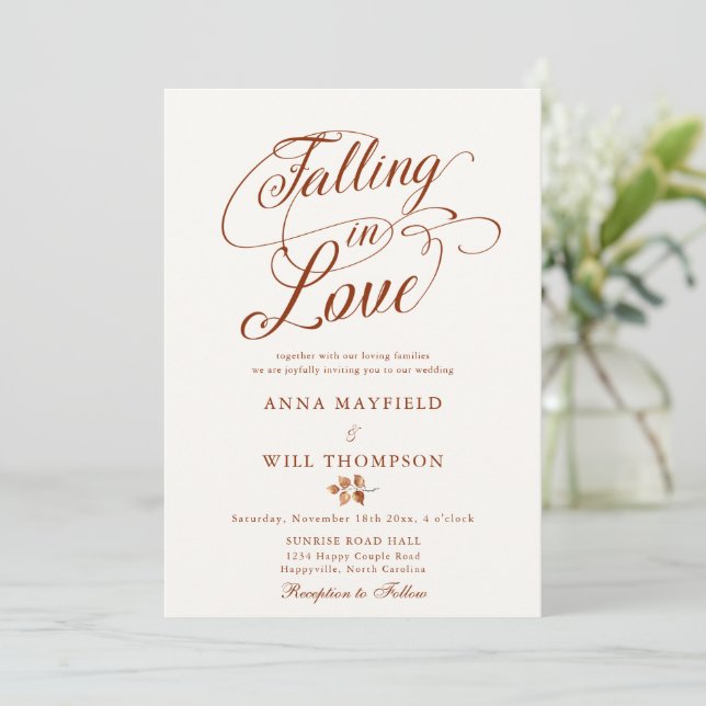 Falling in Love Swash Romantic Calligraphy Wedding Invitation (Standing Front)