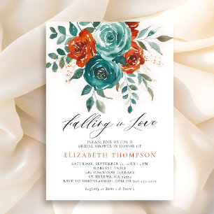 Falling in Love Teal Burnt Orange Bridal Shower Invitation