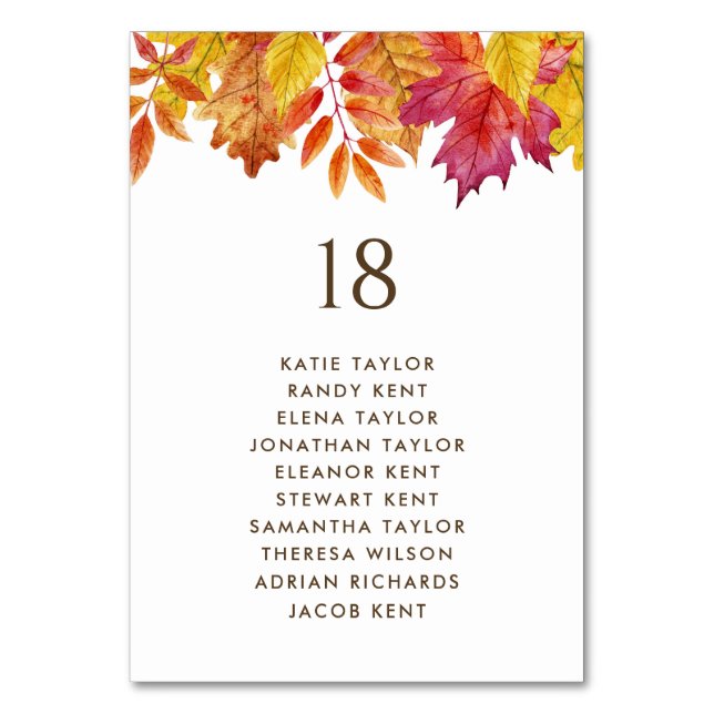 Falling Leaves Autumn Wedding Table Seating Plan Number (Front)