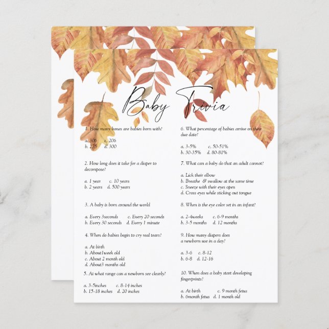 Falling leaves - Baby Trivia | Baby Shower Game (Front/Back)