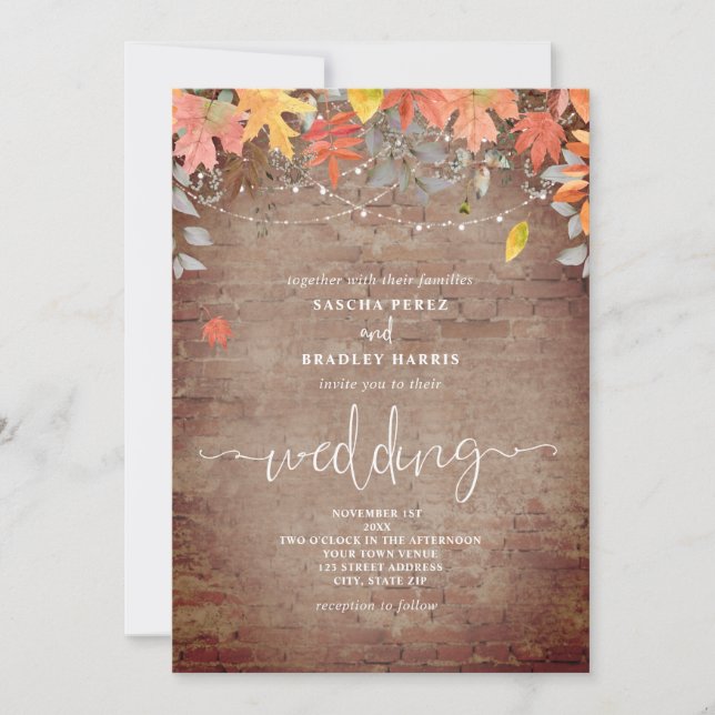 Falling Leaves Brick String Lights Autumn Wedding Invitation (Front)