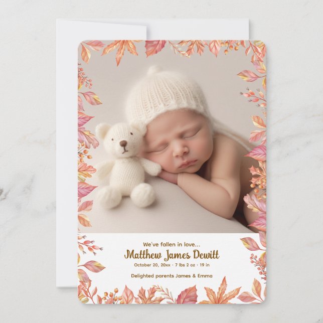 Falling Leaves Frame Photo Birth Announcement  (Front)