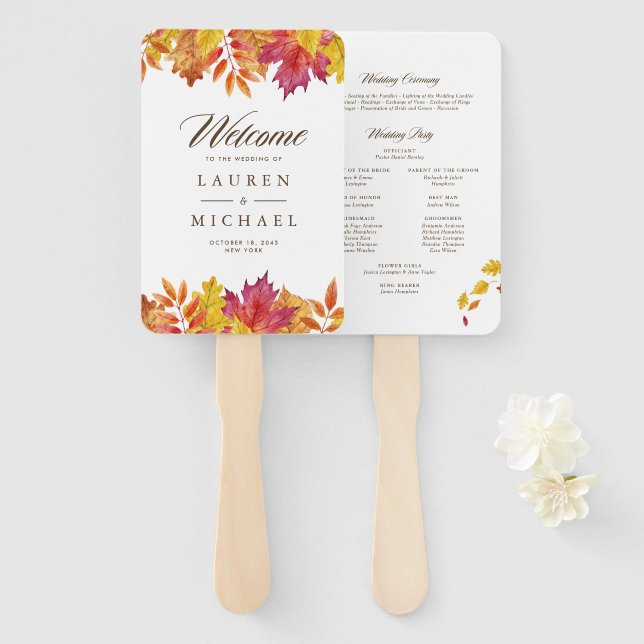 Falling Leaves Garland Autumn Wedding Program Hand Fan (Front and Back)