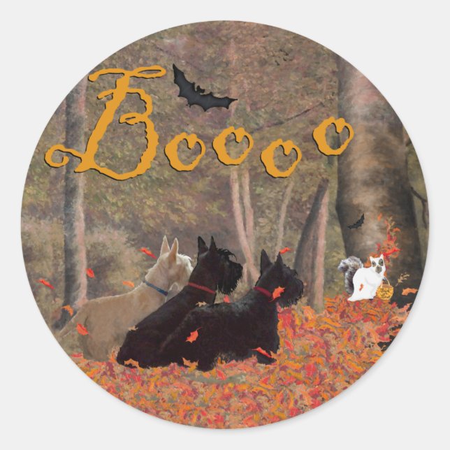 Falling Leaves Halloween Scotties Classic Round Sticker (Front)