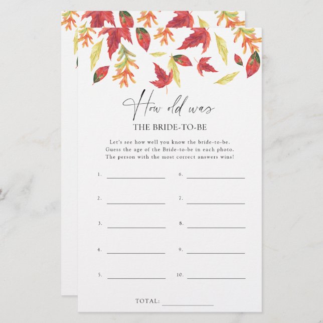 Falling leaves - How old was the bride to be game (Front/Back)