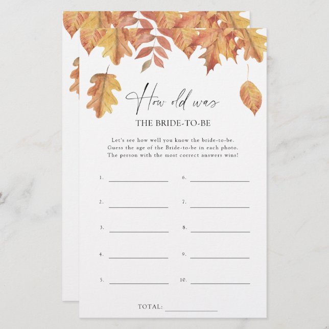 Falling leaves - How old was the bride to be game (Front/Back)