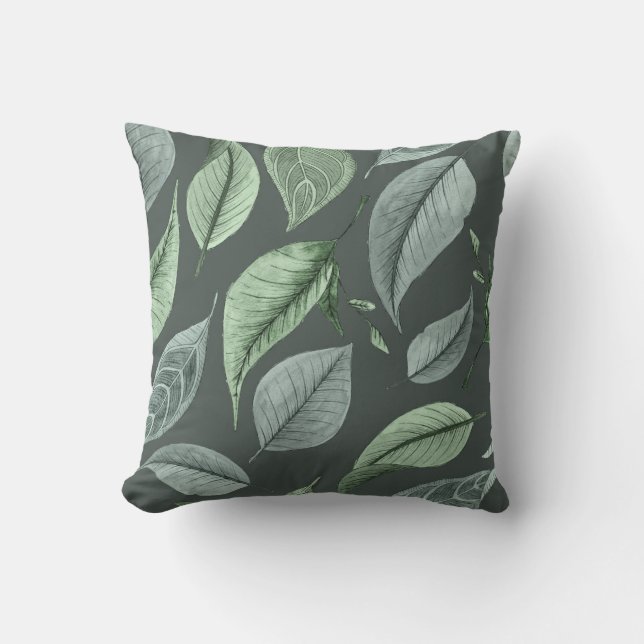 Falling leaves in shades of green grey celadon throw pillow (Front)