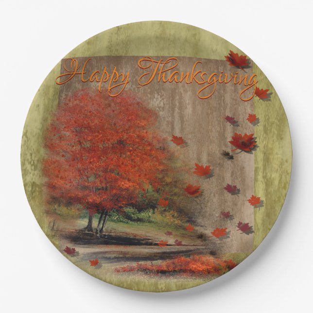 Falling Leaves Landscape Paper Plate (Front)