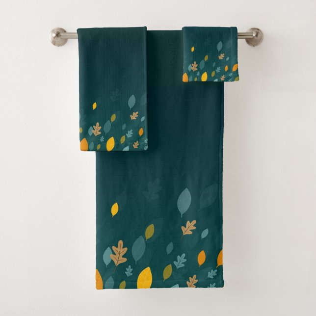 Falling Leaves with Autumn Element on Dark Teal  Bath Towel Set (Insitu)