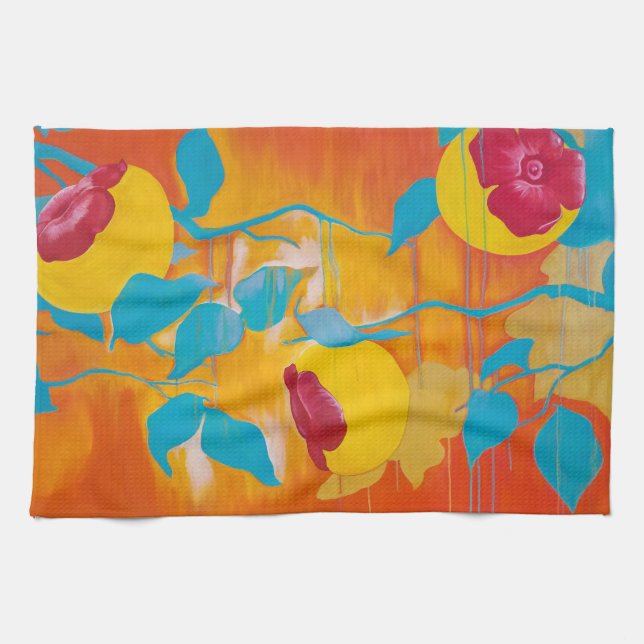 Falling Persimmons in Yellow Kitchen Towel (Horizontal)