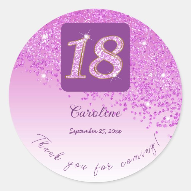 Falling Pink Glitter, 18th Birthday Thanks Classic Round Sticker (Front)