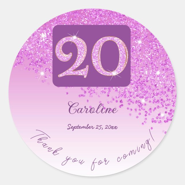 Falling Pink Glitter, 20th Birthday Thanks Classic Round Sticker (Front)