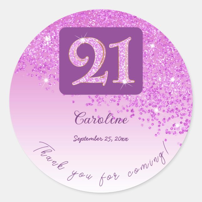 Falling Pink Glitter, 21st Birthday Thanks Classic Round Sticker (Front)