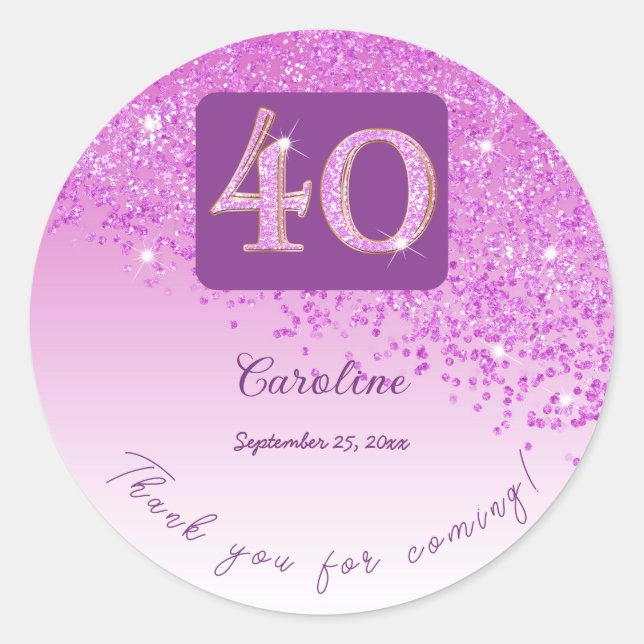 Falling Pink Glitter, 40th Birthday Thanks Classic Round Sticker (Front)