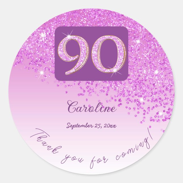 Falling Pink Glitter, 90th Birthday Thanks Classic Round Sticker (Front)