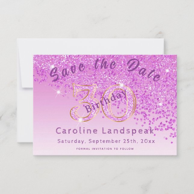 Falling Pink Glitter for 30th Birthday Save The Date (Front)