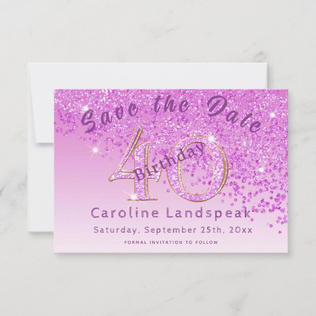 Falling Pink Glitter for 40th Birthday Save The Date (Front)