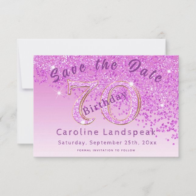 Falling Pink Glitter for 70th Birthday Save The Date (Front)