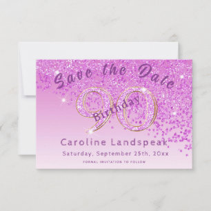Falling Pink Glitter for 90th Birthday Save The Date