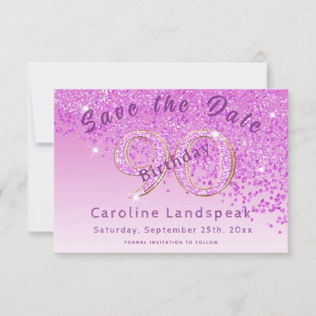 Falling Pink Glitter for 90th Birthday Save The Date (Front)