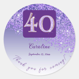 Falling Purple Glitter, 40th Birthday Thanks Classic Round Sticker