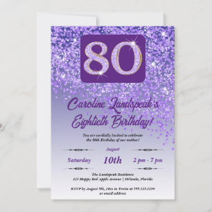 Falling Purple Glitter 80th Birthday Party Invitation