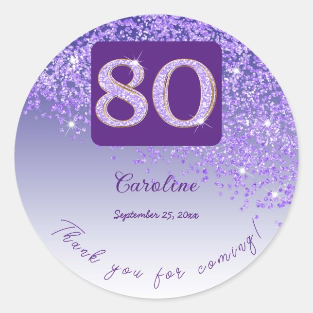 Falling Purple Glitter, 80th Birthday Thanks Classic Round Sticker (Front)