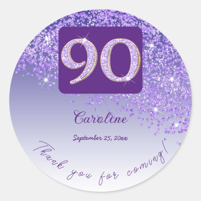 Falling Purple Glitter, 90th Birthday Thanks Classic Round Sticker (Front)