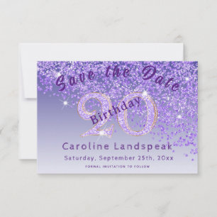 Falling Purple Glitter for 20th Birthday Save The Date