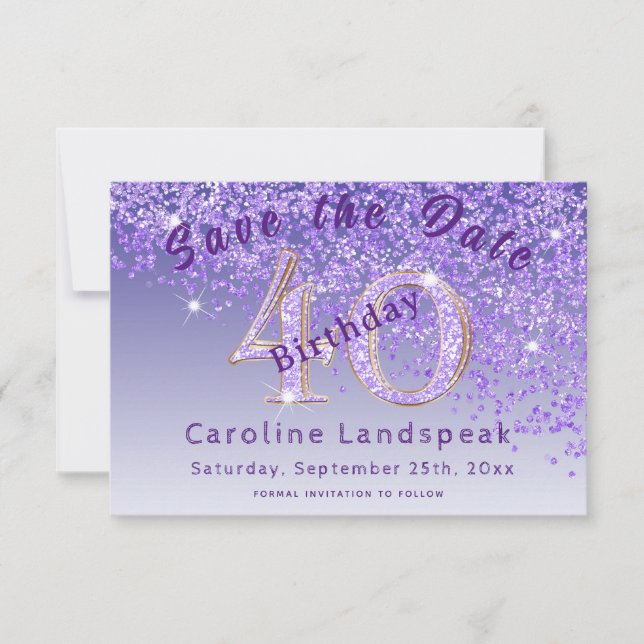 Falling Purple Glitter for 40th Birthday  Save The Date (Front)